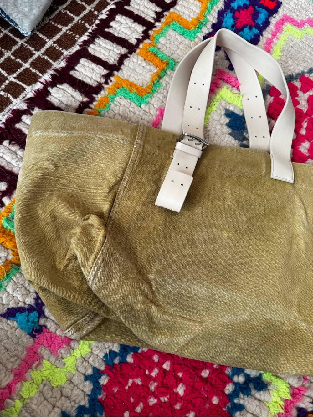 Zara Olive Canvas Tote Bag‎ Cream Buckle Strap - Picture 6 of 9
